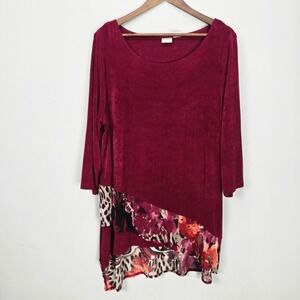 Chico's Travelers Slinky Tunic Top Size 3(XL/16)‎ Red 3/4 Sleeve Career Office